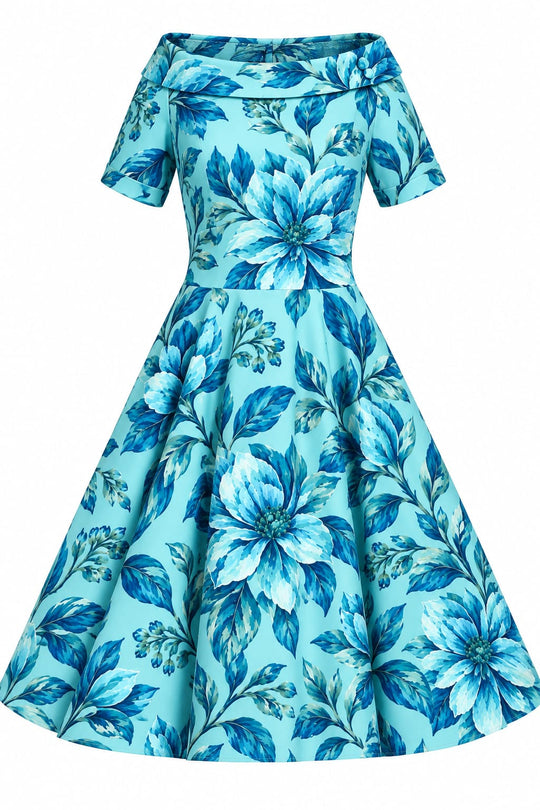 Darlene Aqua Black Botanical Off Shoulder Swing Dress - black botanical leaves and flowers on aqua blue