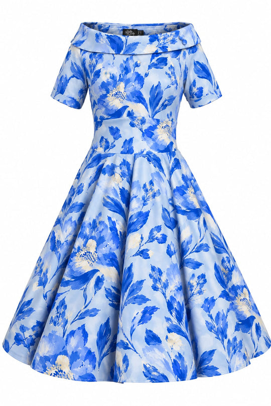 Darlene Blue White Leaf Off Shoulder Swing Dress - blue and white flowing leaves