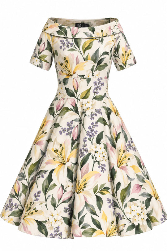 Darlene Cream Tropical Bird Off Shoulder Swing Dress - tropical birds and botanical foliage on cream