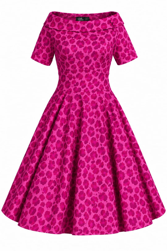 Darlene Magenta Leopard Off Shoulder Swing Dress - magenta leopard print