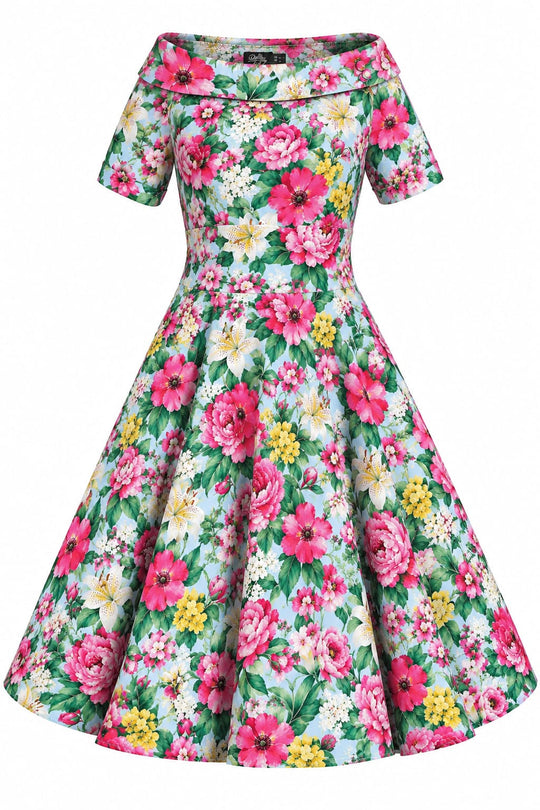 Darlene Mint Pink Floral Off Shoulder Swing Dress - bright pink garden flowers on mint green