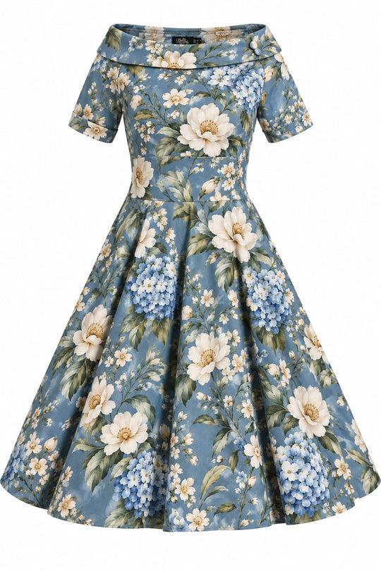 Darlene Slate Blue Ivory Floral Off Shoulder Swing Dress - ivory garden flowers on slate blue