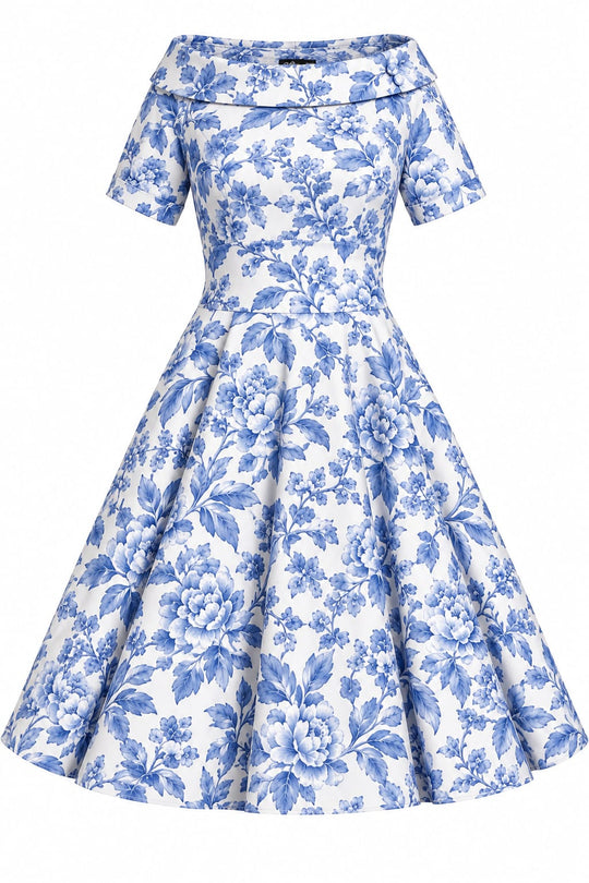 Darlene White Blue Botanical Off Shoulder Swing Dress - delicate blue botanical flowers on white