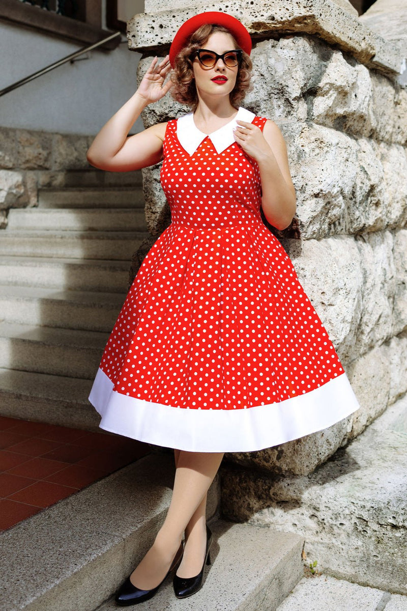 Hazel Vintage Style Swing Dress in Red Polka Dots