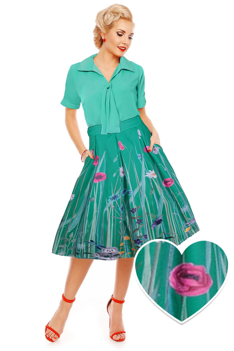 Dawn Pleated Swing Skirt with Pockets in Green Meadow