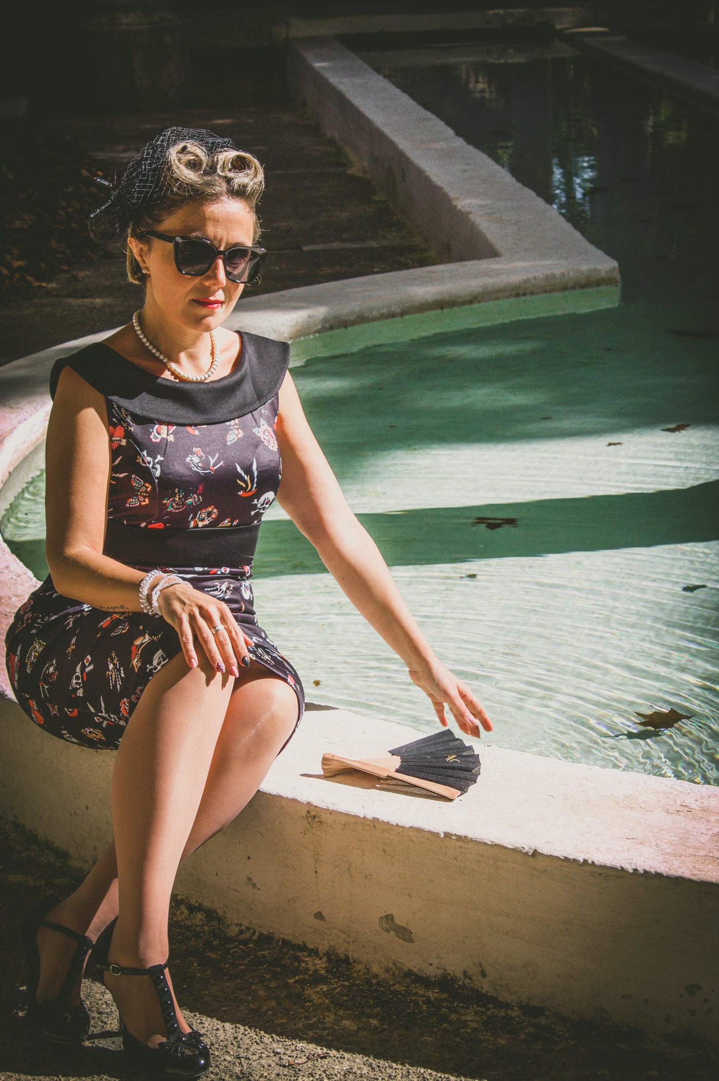 PRE-ORDER Darla Fitted Off-Shoulder Black Old School Tattoo Print Dress