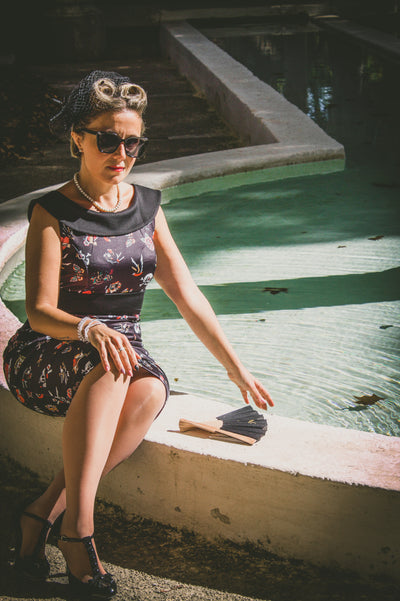 PRE-ORDER Darla Fitted Off-Shoulder Black Old School Tattoo Print Dress