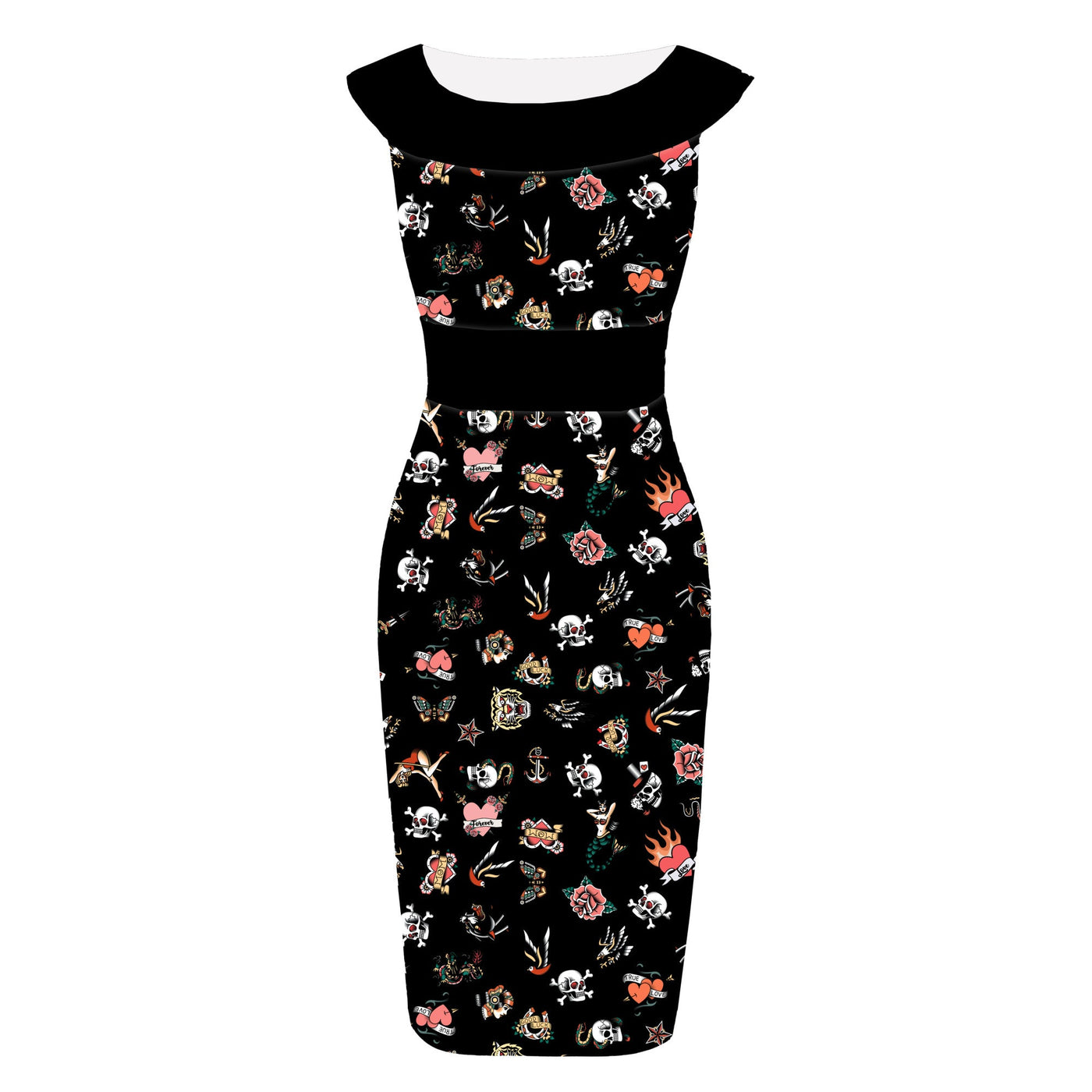 PRE-ORDER Darla Fitted Off-Shoulder Black Old School Tattoo Print Dress