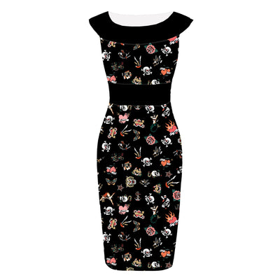 PRE-ORDER Darla Fitted Off-Shoulder Black Old School Tattoo Print Dress
