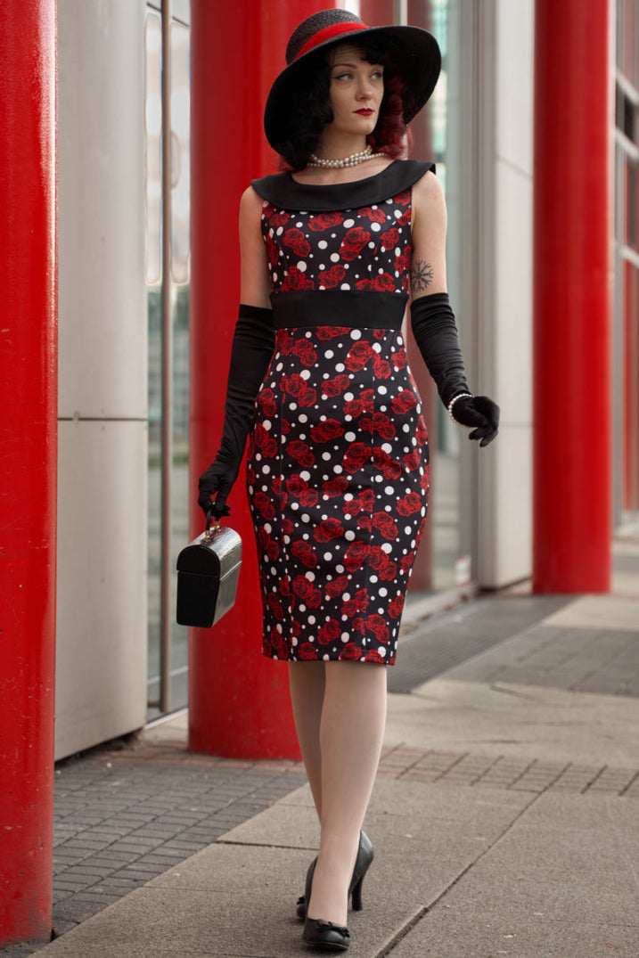 EU STOCK Darla Fitted Off-Shoulder Black Roses & Polka Print Dress