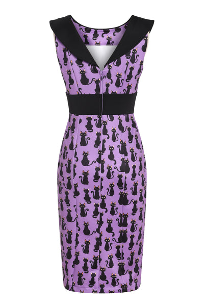 EU STOCK Darla Fitted Off-Shoulder Purple & Black Cat Print Dress