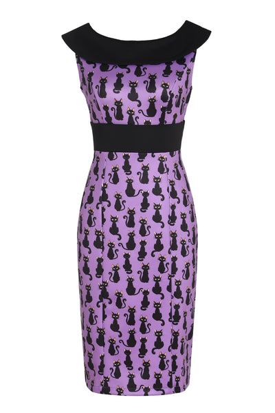 EU STOCK Darla Fitted Off-Shoulder Purple & Black Cat Print Dress