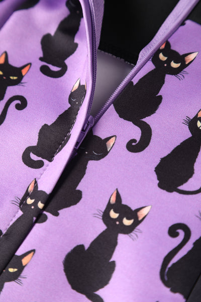 EU STOCK Darla Fitted Off-Shoulder Purple & Black Cat Print Dress