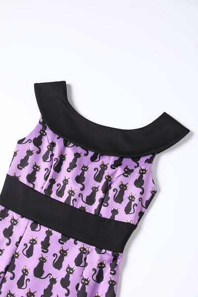 EU STOCK Darla Fitted Off-Shoulder Purple & Black Cat Print Dress