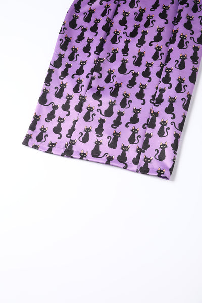 EU STOCK Darla Fitted Off-Shoulder Purple & Black Cat Print Dress