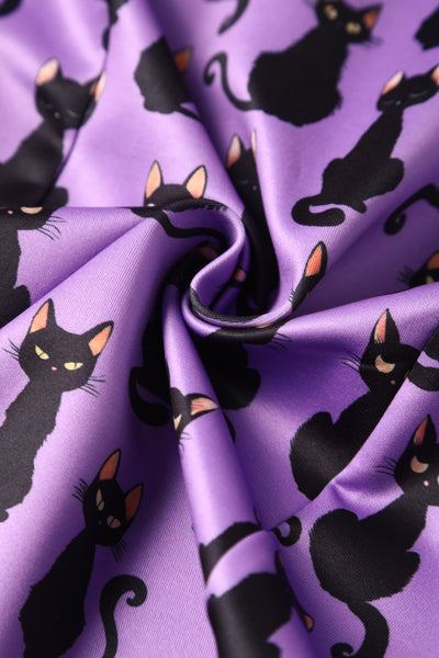 EU STOCK Darla Fitted Off-Shoulder Purple & Black Cat Print Dress