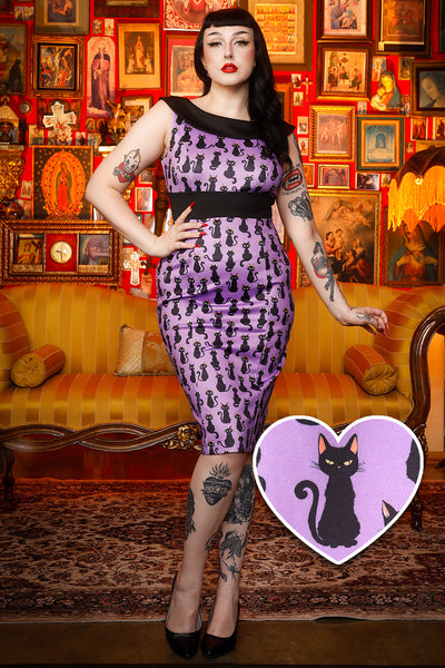 EU STOCK Darla Fitted Off-Shoulder Purple & Black Cat Print Dress