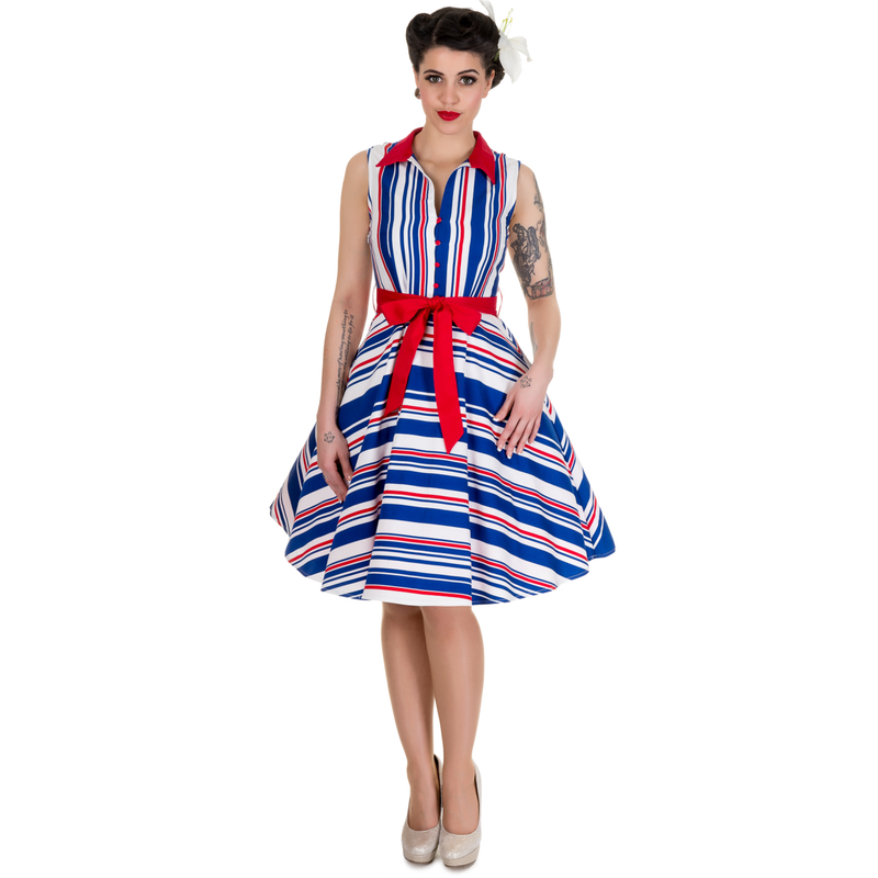 Poppy Retro Shirt Swing Dress in Red/Blue Strip