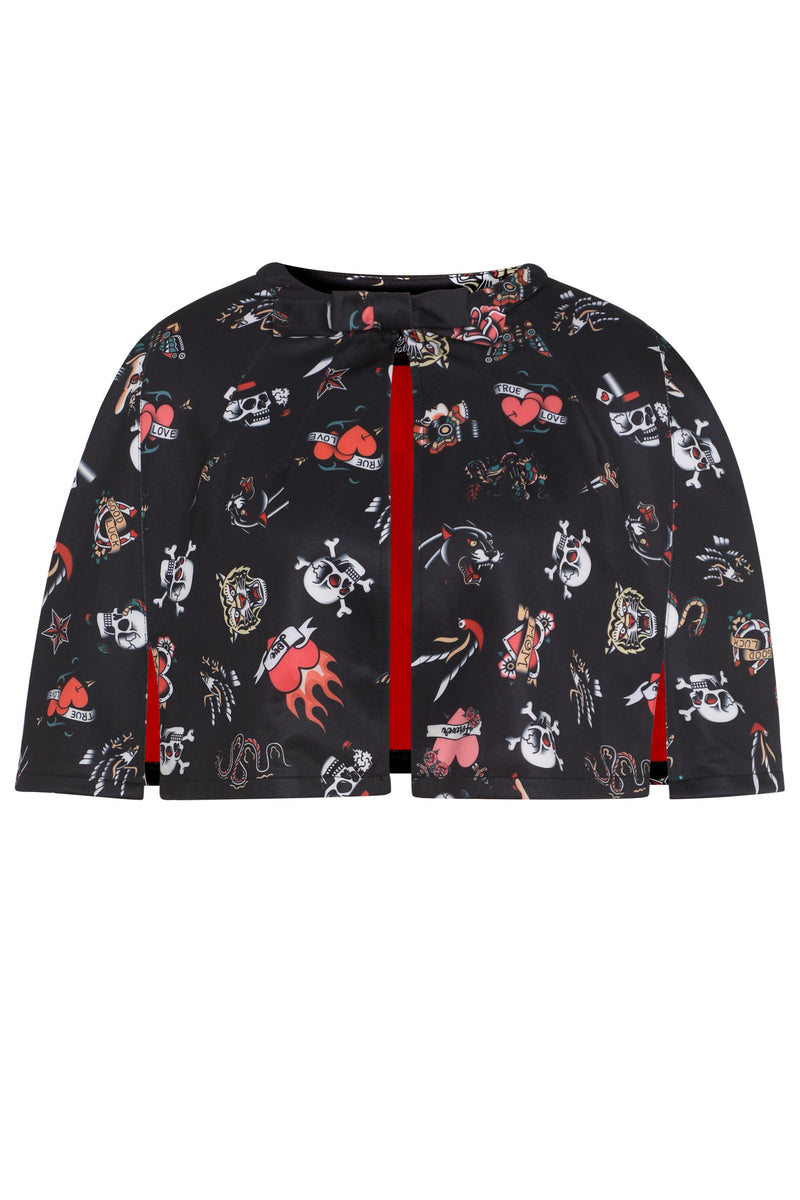 PRE ORDER Sabrina Black Vintage Tattoo Print Comfy Cape Shrug