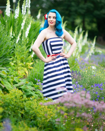 Lana Retro Stripe Strapless Cocktail Swing Dress in Navy Blue/White