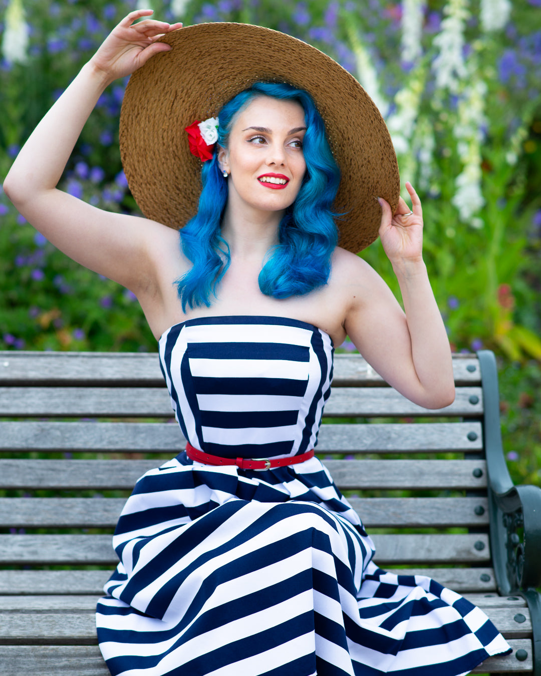 Lana Retro Stripe Strapless Cocktail Swing Dress in Navy Blue/White
