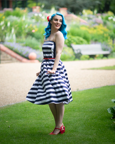 Lana Retro Stripe Strapless Cocktail Swing Dress in Navy Blue/White