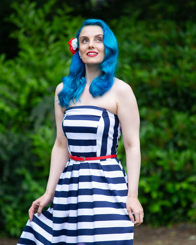 Lana Retro Stripe Strapless Cocktail Swing Dress in Navy Blue/White
