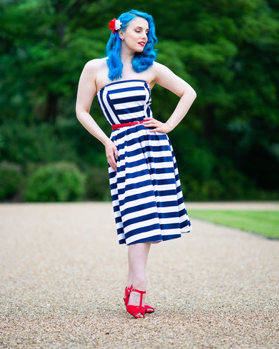 Lana Retro Stripe Strapless Cocktail Swing Dress in Navy Blue/White