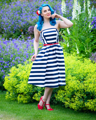 Lana Retro Stripe Strapless Cocktail Swing Dress in Navy Blue/White