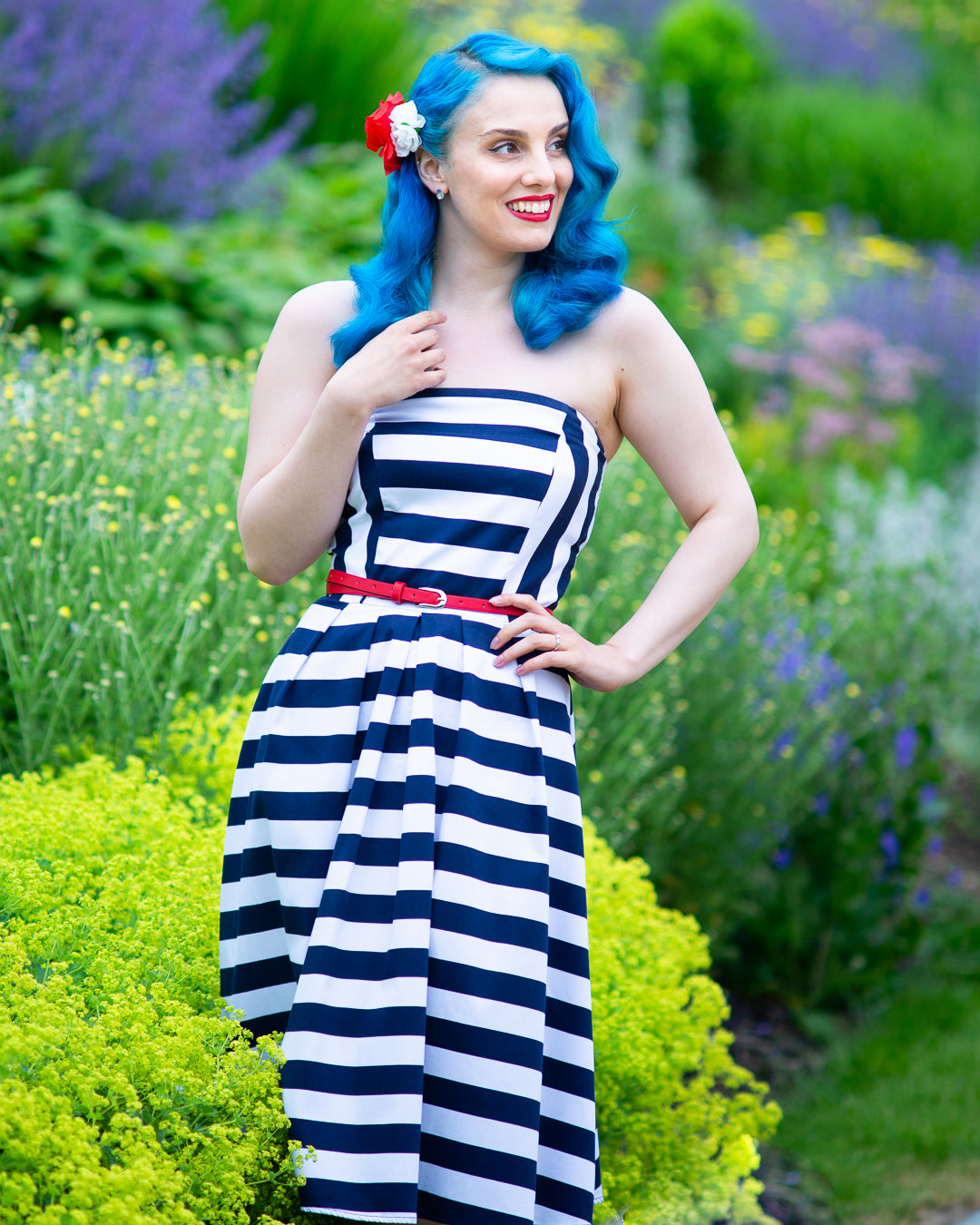 Lana Retro Stripe Strapless Cocktail Swing Dress in Navy Blue/White