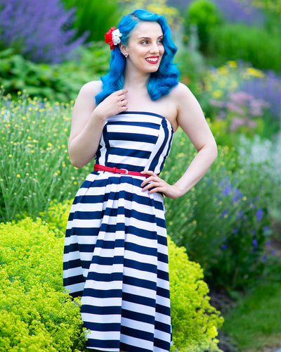 Lana Retro Stripe Strapless Cocktail Swing Dress in Navy Blue/White