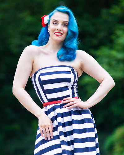 Lana Retro Stripe Strapless Cocktail Swing Dress in Navy Blue/White