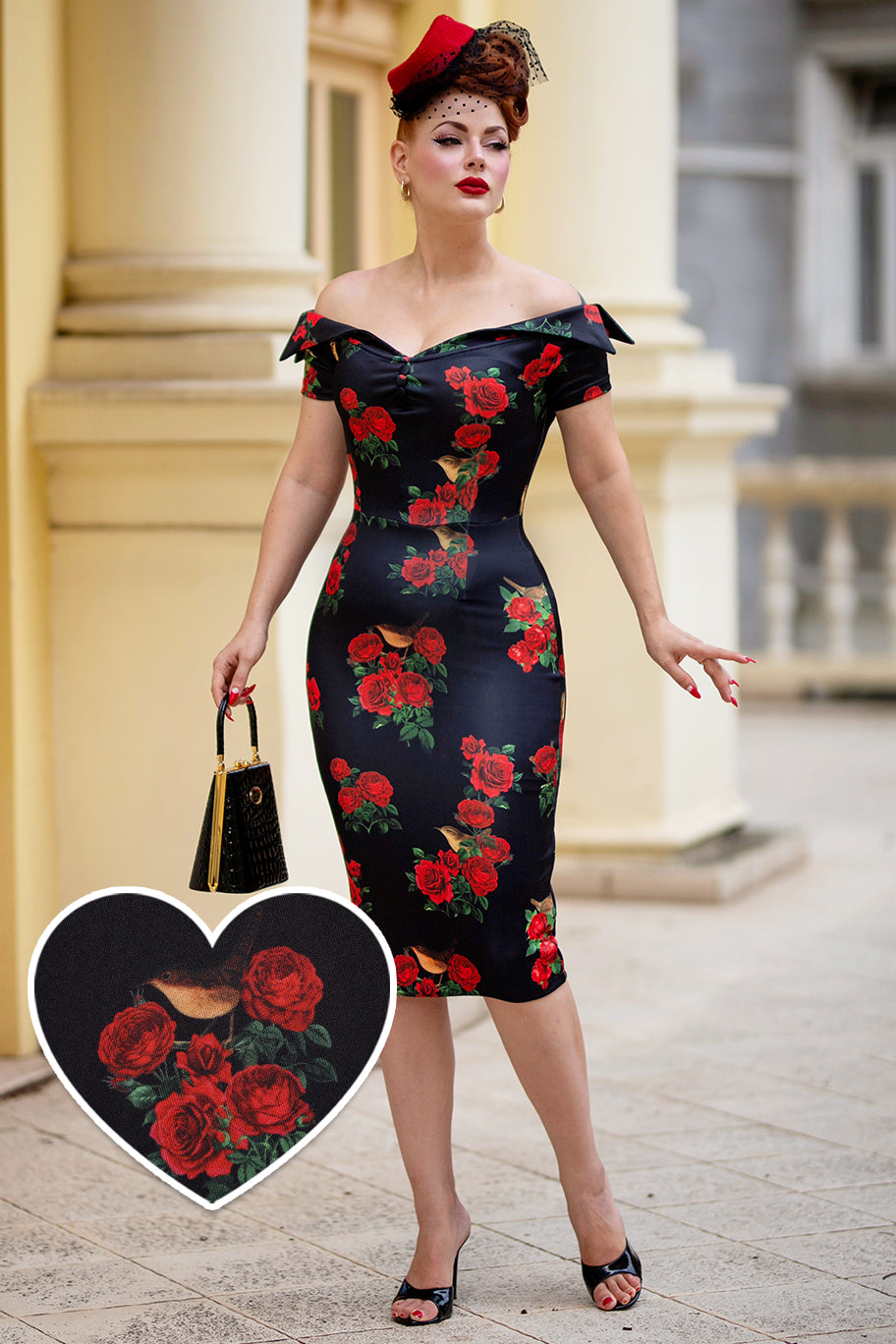 PRE ORDER Monroe Off-the-Shoulder Pencil Dress in Red Roses & Bird Print