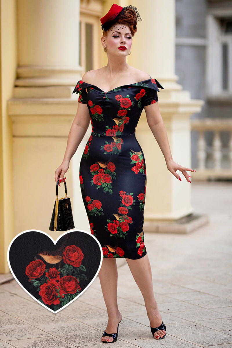 PRE ORDER Monroe Off-the-Shoulder Pencil Dress in Red Roses & Bird Print