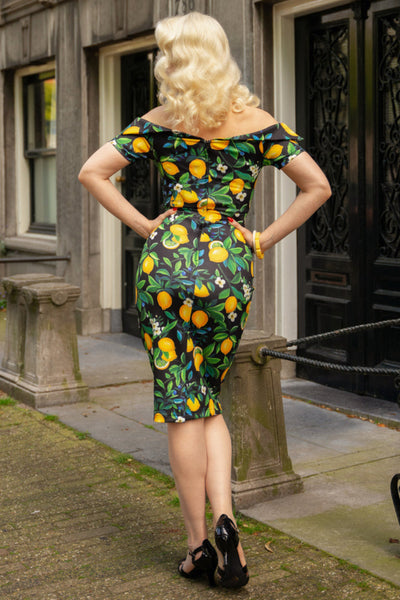 EU STOCK Monroe Off-the-Shoulder Pencil Dress in Black Lemon Print