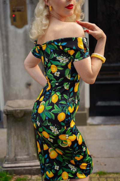 EU STOCK Monroe Off-the-Shoulder Pencil Dress in Black Lemon Print
