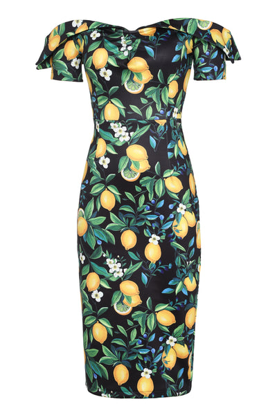 EU STOCK Monroe Off-the-Shoulder Pencil Dress in Black Lemon Print
