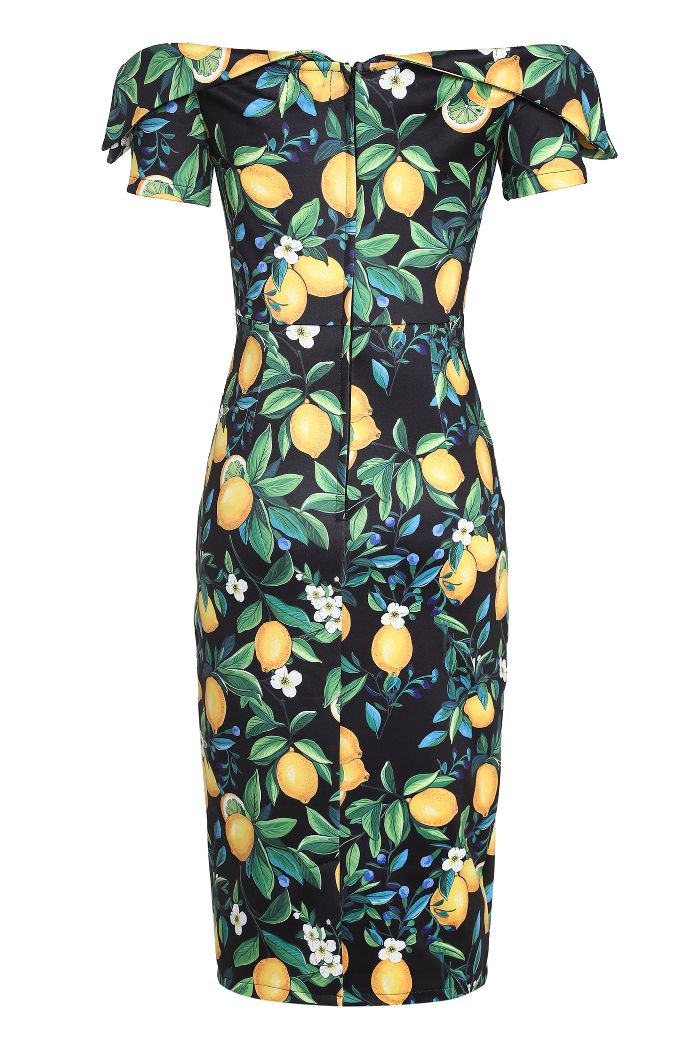 EU STOCK Monroe Off-the-Shoulder Pencil Dress in Black Lemon Print