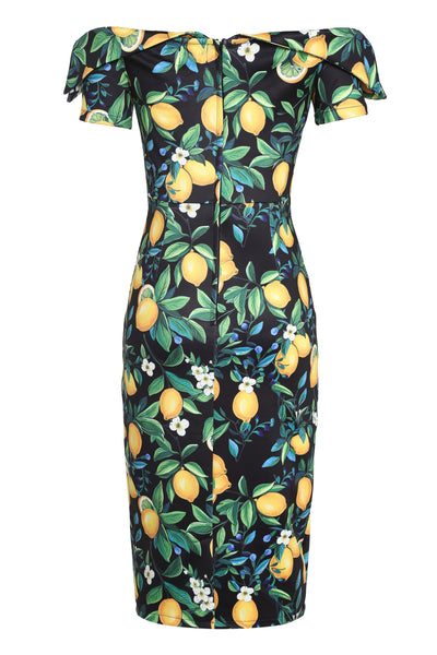 EU STOCK Monroe Off-the-Shoulder Pencil Dress in Black Lemon Print
