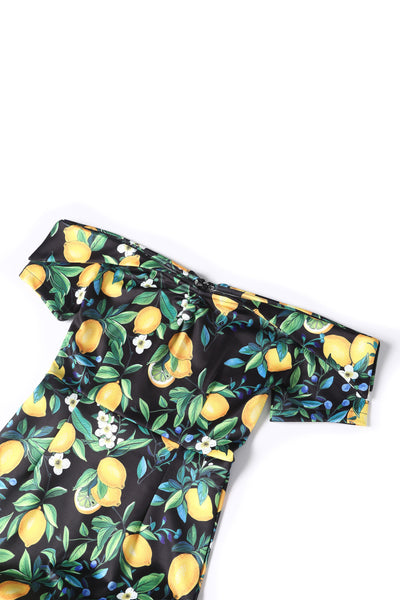 EU STOCK Monroe Off-the-Shoulder Pencil Dress in Black Lemon Print