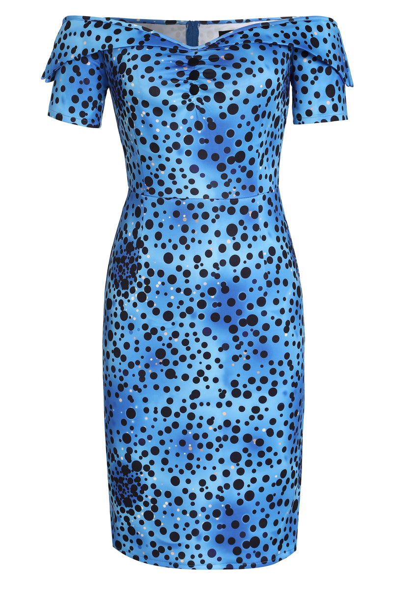 PRE-ORDER Monroe Off-the-Shoulder Pencil Dress in Blue Polka Dot Dress