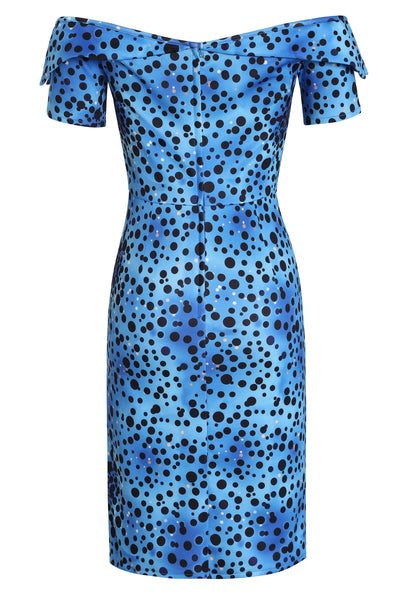 Monroe Off-the-Shoulder Pencil Dress in Blue Polka Dot Dress