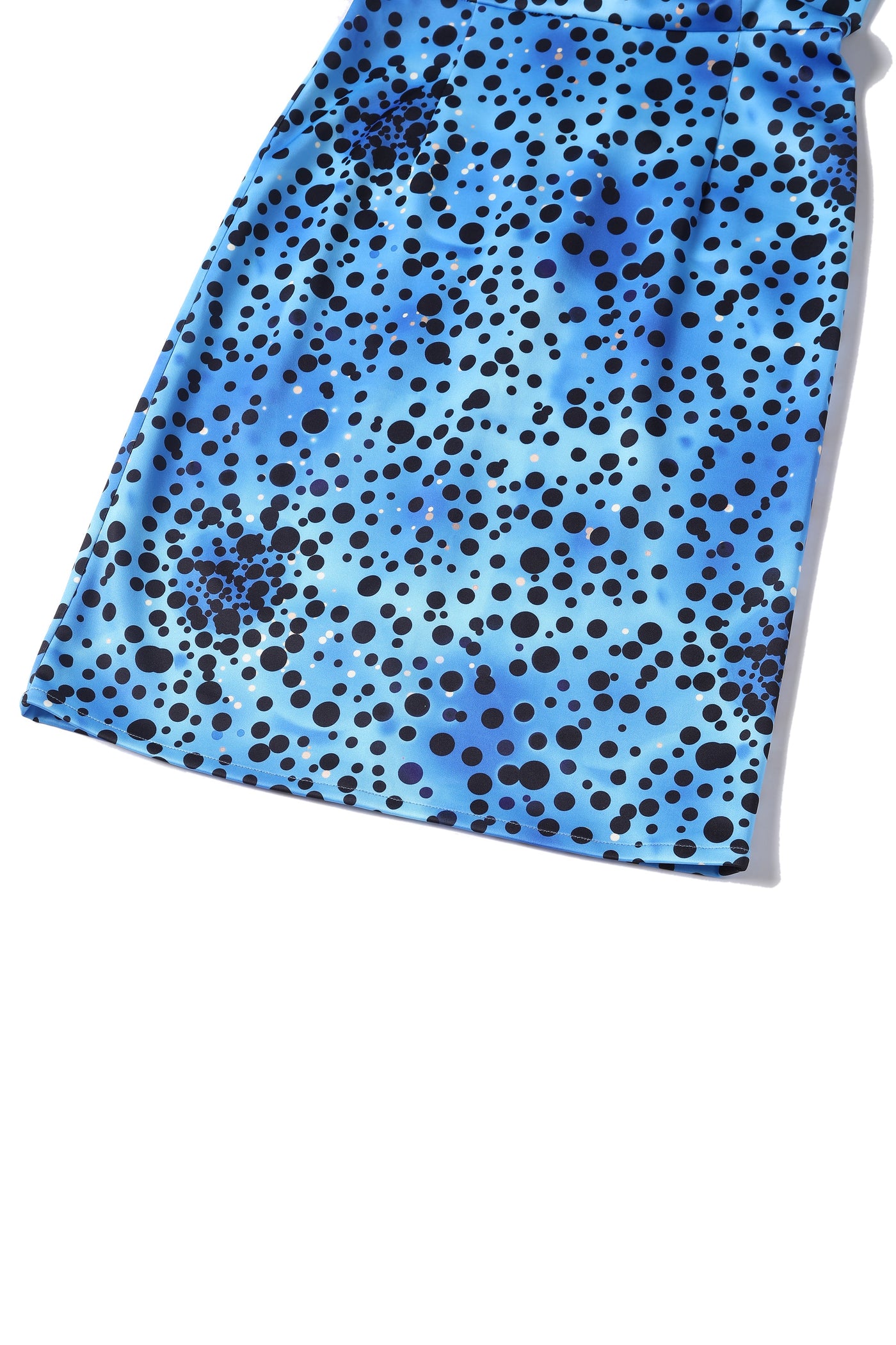 PRE-ORDER Monroe Off-the-Shoulder Pencil Dress in Blue Polka Dot Dress
