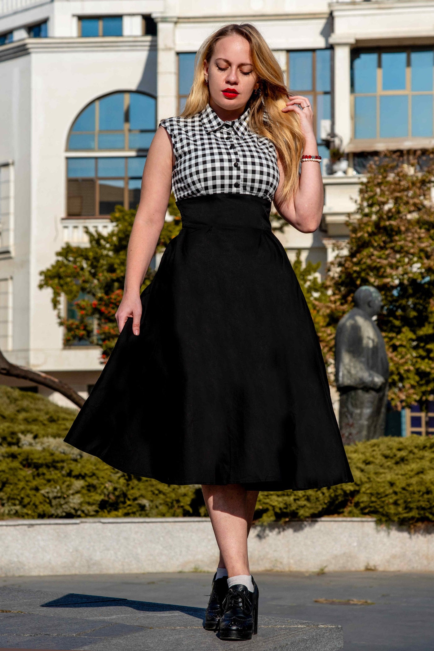 PRE-ORDER Lisa Black White Stripe Collared Swing Dress