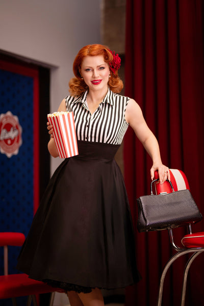 PRE-ORDER Lisa Black White Stripe Collared Swing Dress
