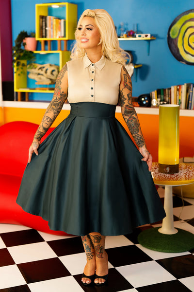 PRE-ORDER Lisa Cream and Dark Green Collared Swing Dress