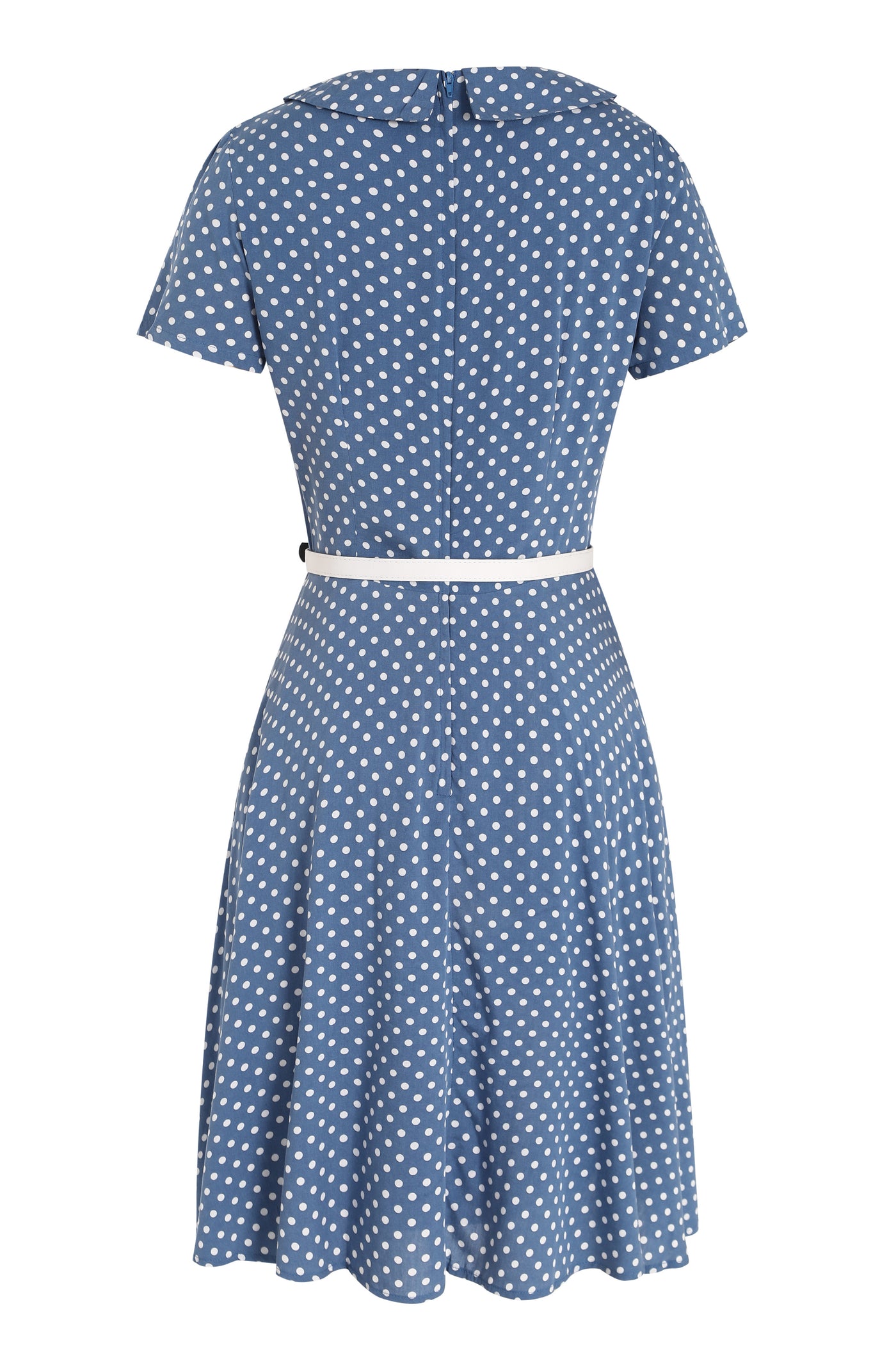 Evelyn Peter Pan Collar Keyhole Cutout Dress - Soft Blue & White Polka, Fully Lined