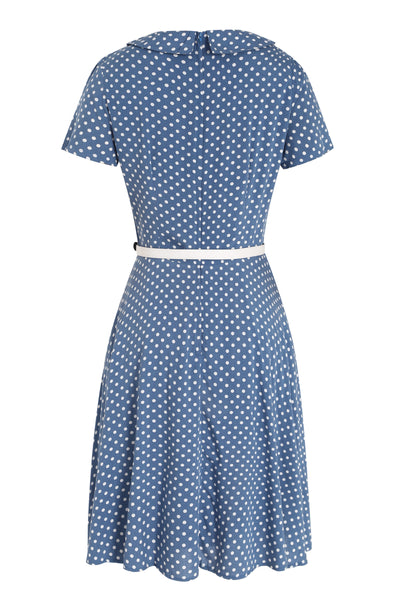 Evelyn Peter Pan Collar Keyhole Cutout Dress - Soft Blue & White Polka, Fully Lined