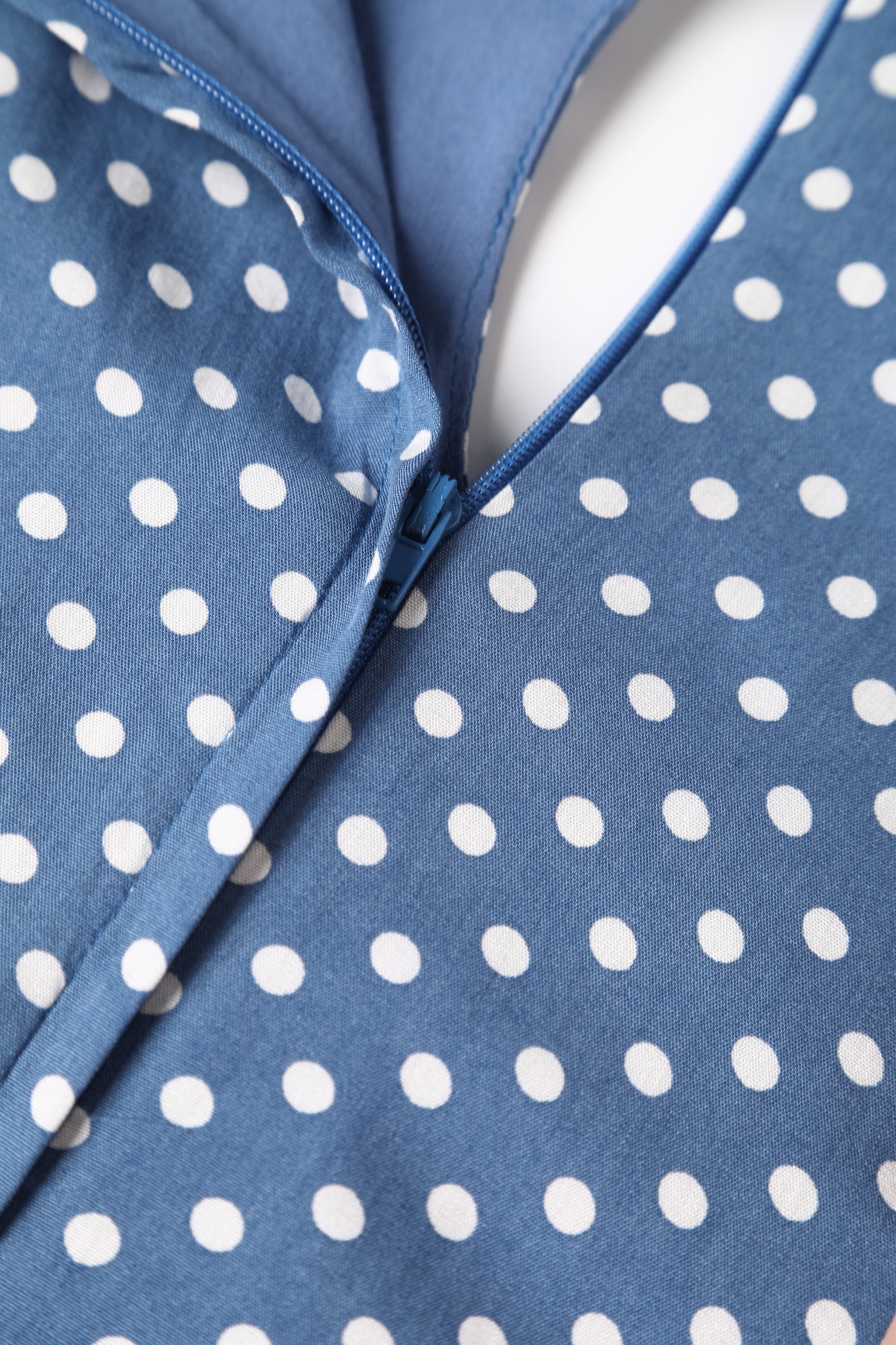 Evelyn Peter Pan Collar Keyhole Cutout Dress - Soft Blue & White Polka, Fully Lined