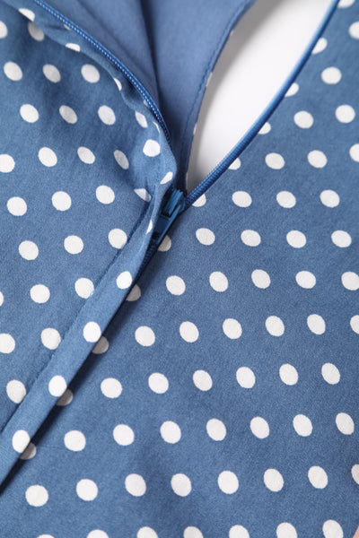Evelyn Peter Pan Collar Keyhole Cutout Dress - Soft Blue & White Polka, Fully Lined